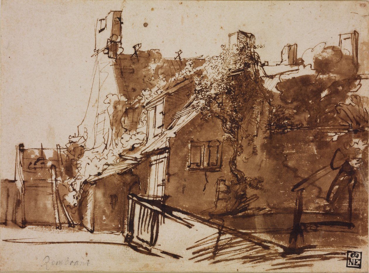 Bondgård i solljus av Rembrandt van Rijn