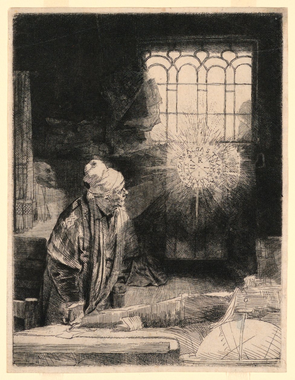 Faust i sin studie, tittar på en magisk skiva av Rembrandt van Rijn