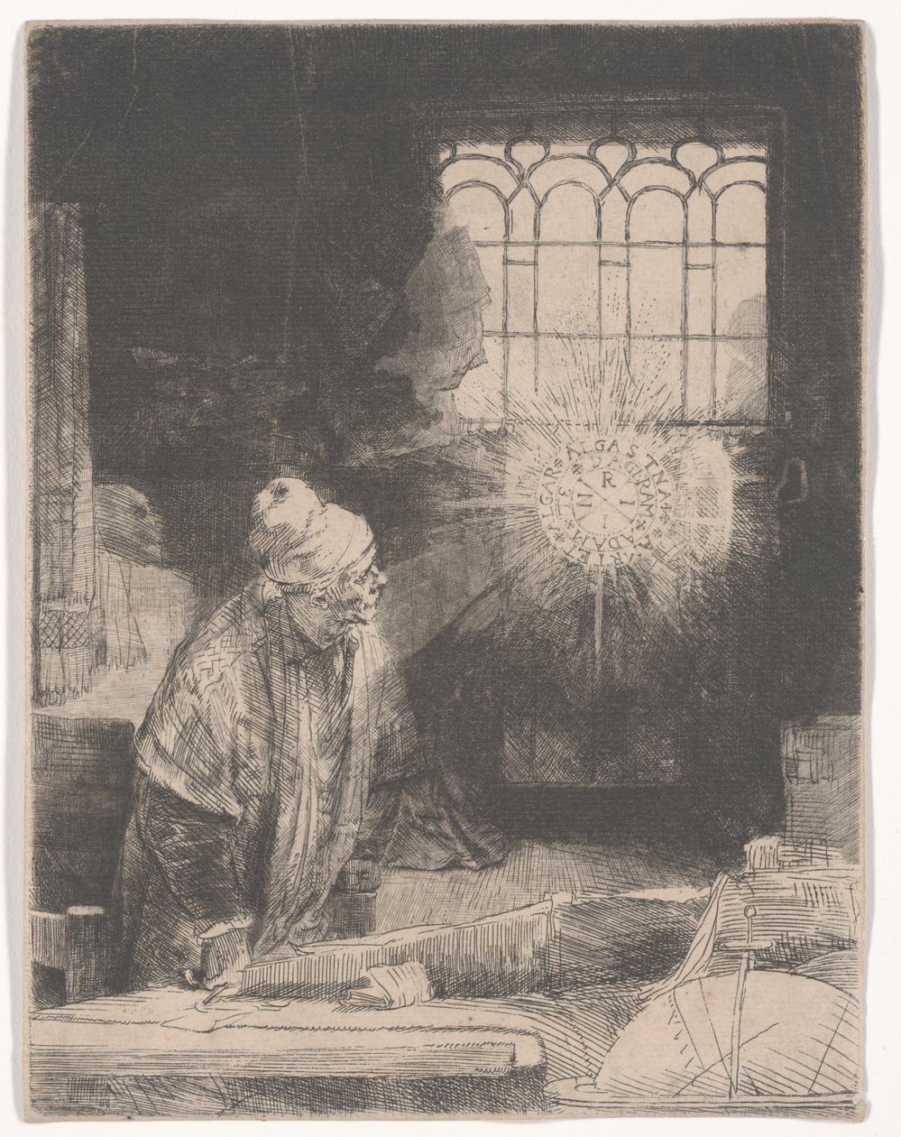 Faust i sitt arbetsrum och tittar på en magisk skiva, eller En lärd i sitt arbetsrum, ca 1652 av Rembrandt van Rijn