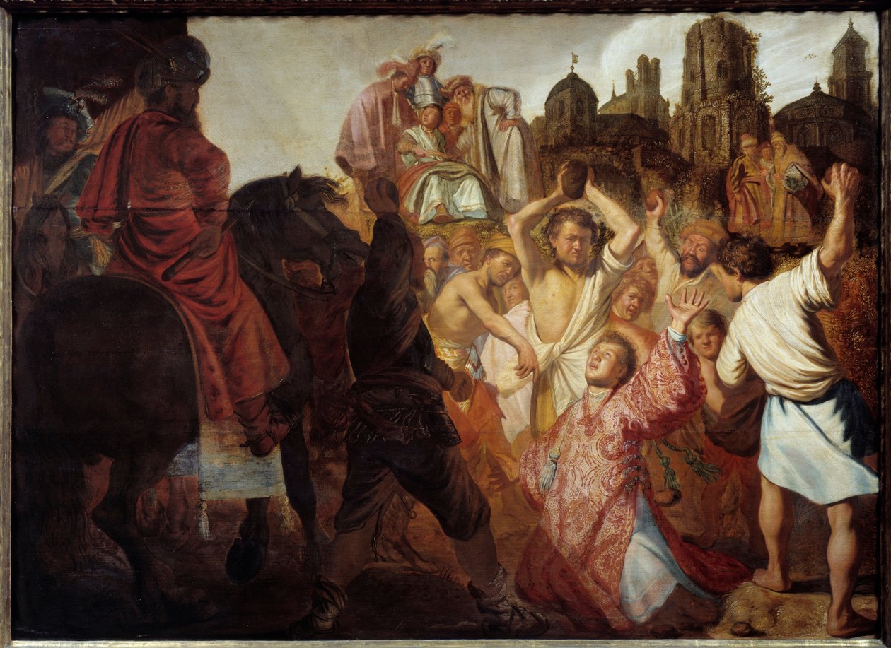 Första kristna martyren: "" The stening of Saint Stephen"" Målning av Harmensz Van Rijn Rembrandt (1606-1669) 1625 Sön. 0,89x1,23 m Lyon, Musee des Beaux Arts av Rembrandt van Rijn