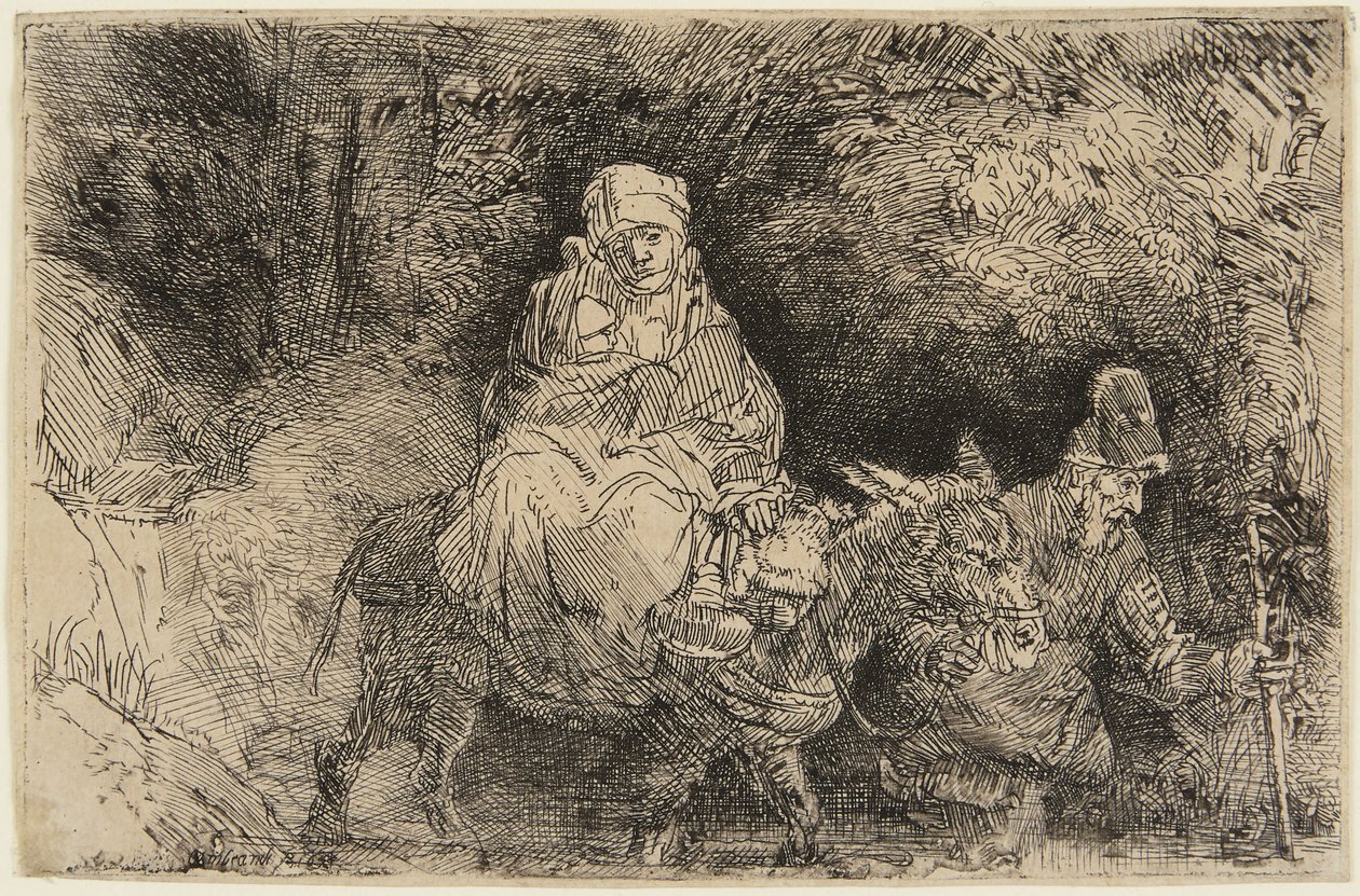 Flykten till Egypten: Den heliga familjen passerar en bäck av Rembrandt van Rijn