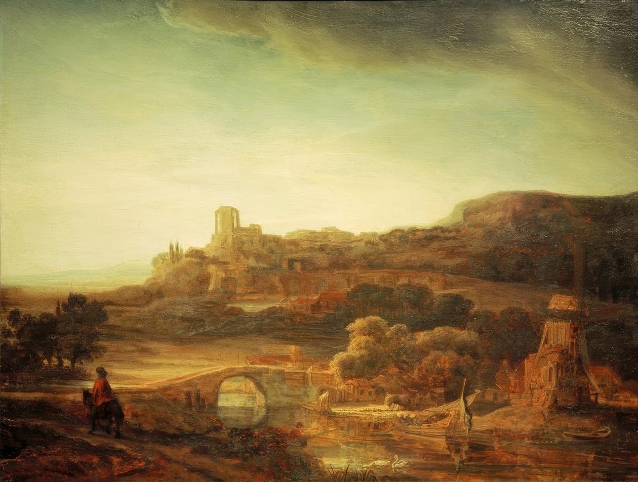 Flodlandskap med en väderkvarn av Rembrandt van Rijn