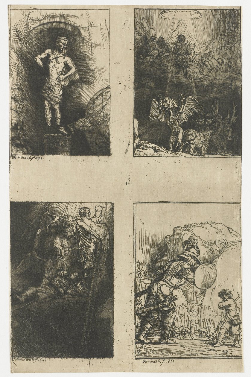 Fyra illustrationer till Menasseh Ben Israels "Piedra Gloriosa" Bilden sågs av Nebukadnessar Jakobs stege David och Goliat Daniels vision av de fyra bestarna av Rembrandt van Rijn