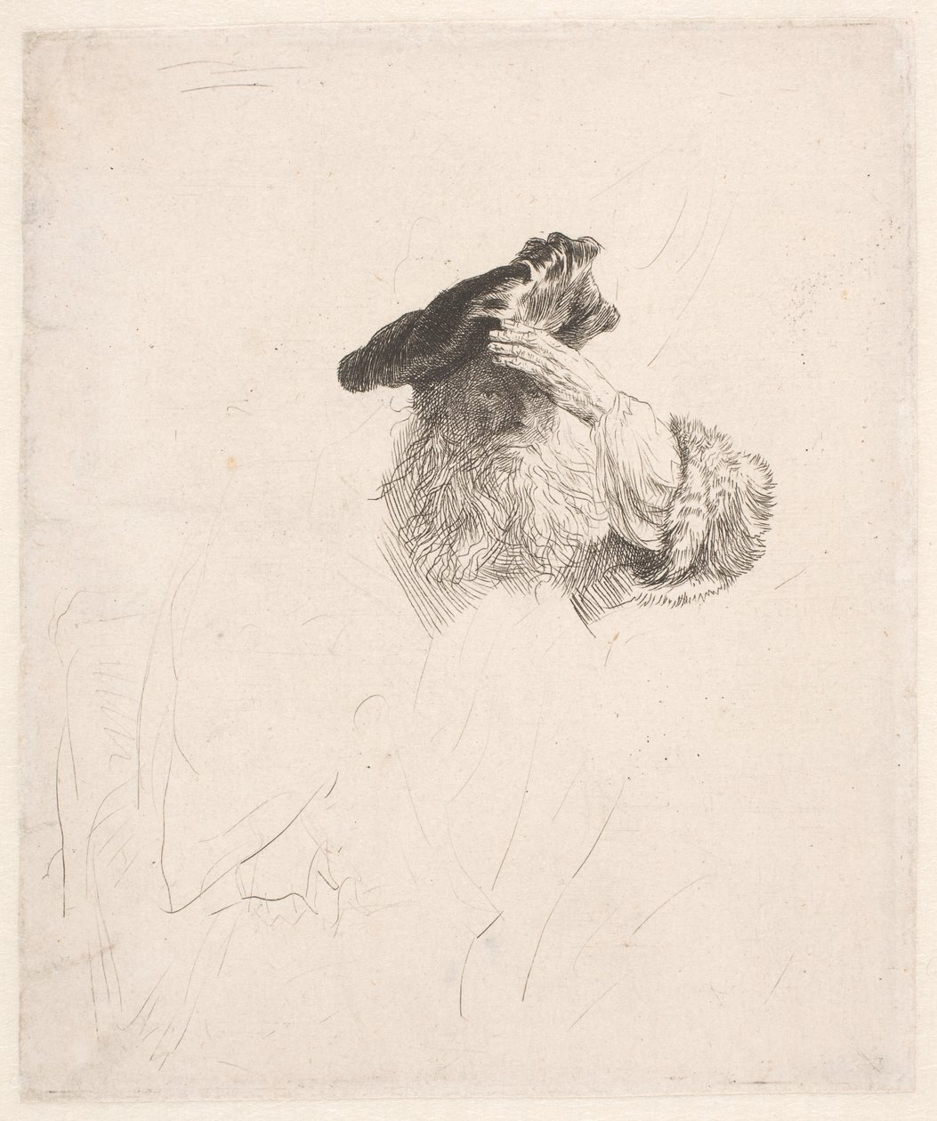 Gammal man skuggar ögonen med handen av Rembrandt van Rijn