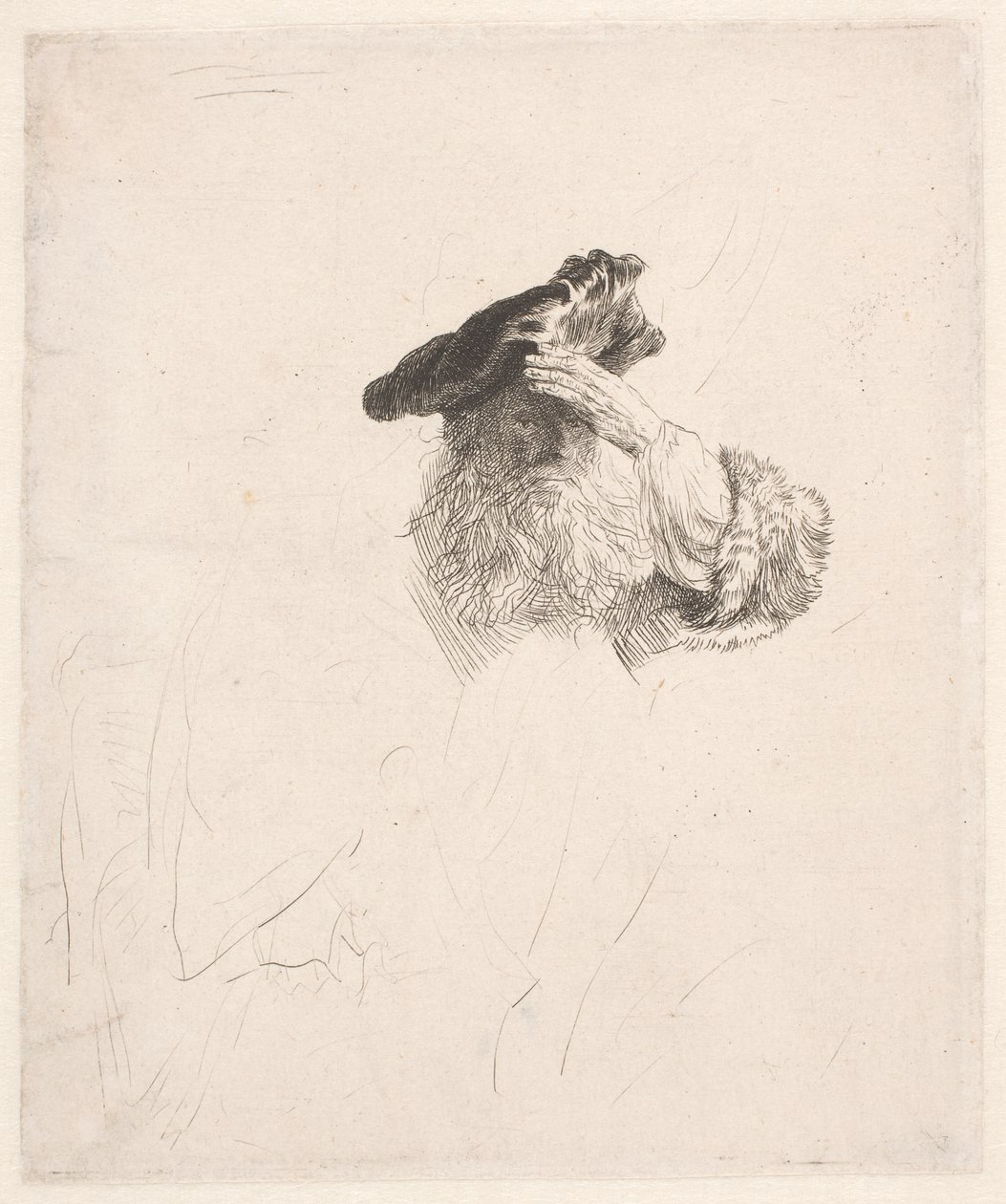 Gammal man skuggar ögonen med handen av Rembrandt van Rijn