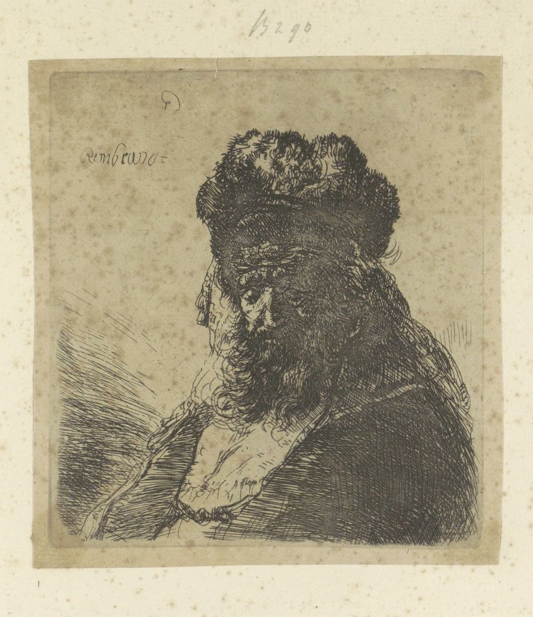 Skäggig gubbe med hög pälsmössa och slutna ögon Recueil de quatre-vingt-cinq estampes originales (serietitel) av Rembrandt van Rijn