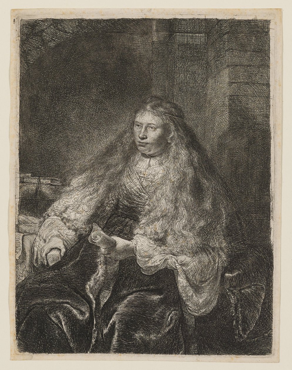 Flicka med hår som faller över axlarna av Rembrandt van Rijn
