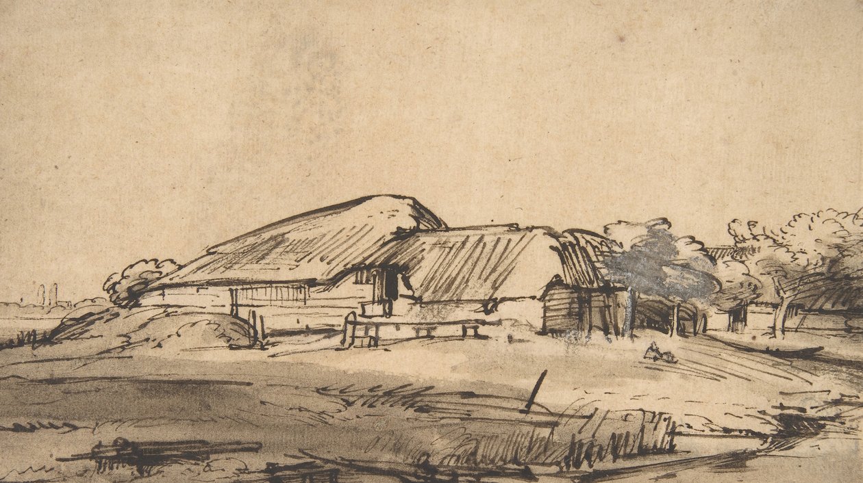 Grupp av gårdsbyggnader, ca. 1648-52. av Rembrandt van Rijn