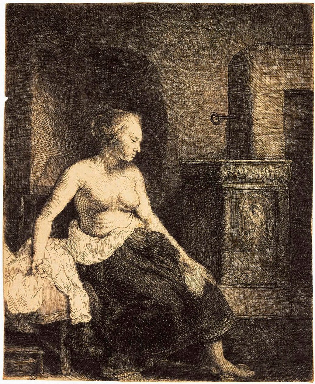 Halvnaken kvinna vid en spis, 1658. av Rembrandt van Rijn