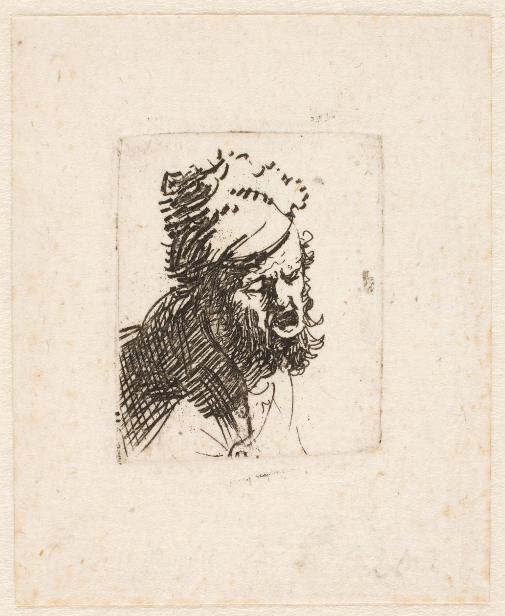 Huvudet på en man med pälsmössa, som ropar av Rembrandt van Rijn