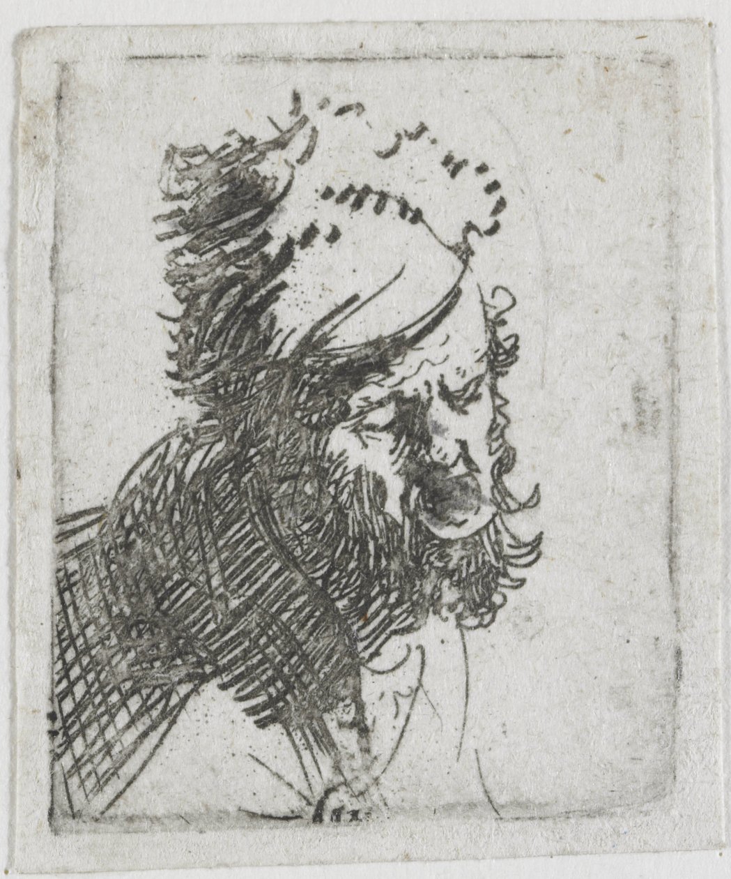 Huvudet på en man med pälsmössa, som ropar av Rembrandt van Rijn