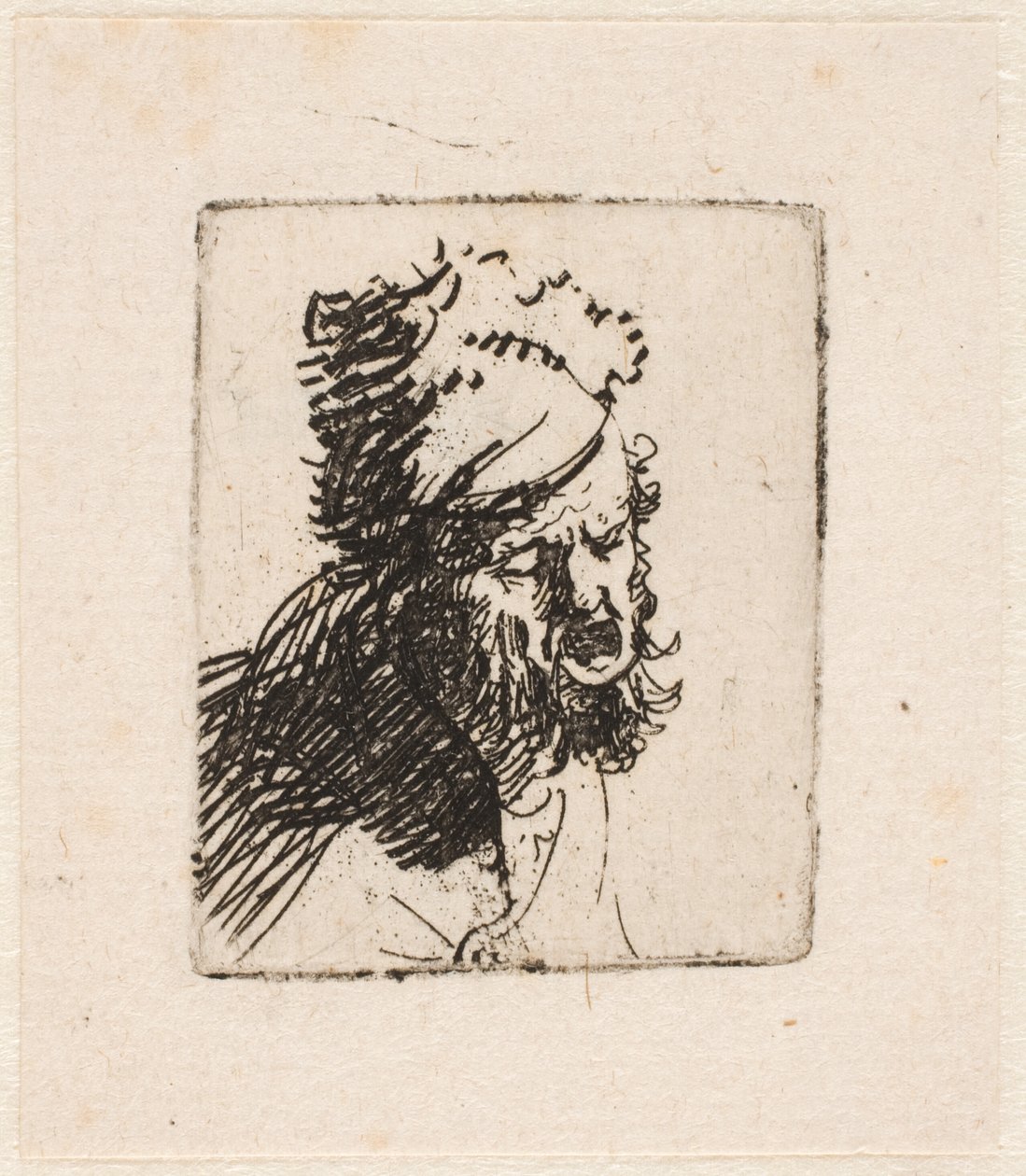 Huvudet på en man med pälsmössa, som ropar av Rembrandt van Rijn