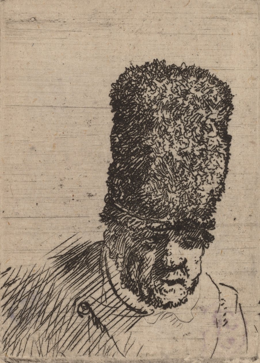 Chef för en gammal man i hög pälsmössa. av Rembrandt van Rijn