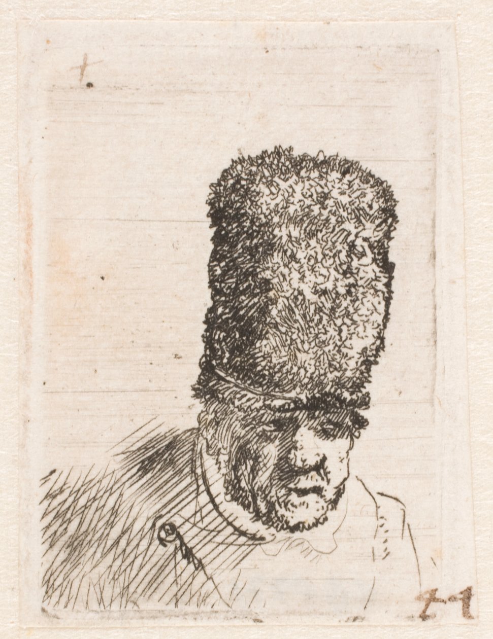 Huvudet av en gammal man i en hög pälsmössa av Rembrandt van Rijn
