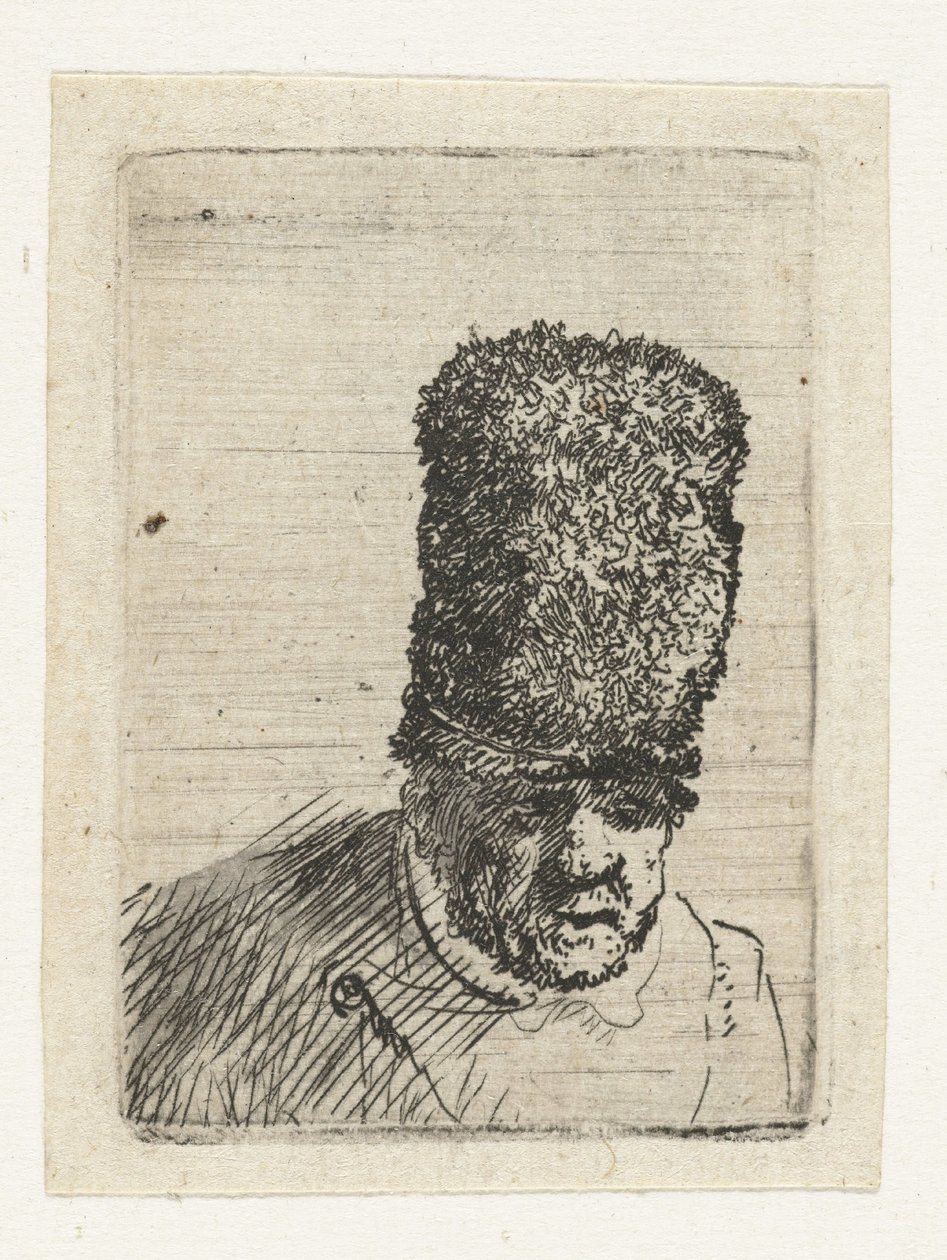 Huvudet på en gammal man med en hög pälsmössa av Rembrandt van Rijn
