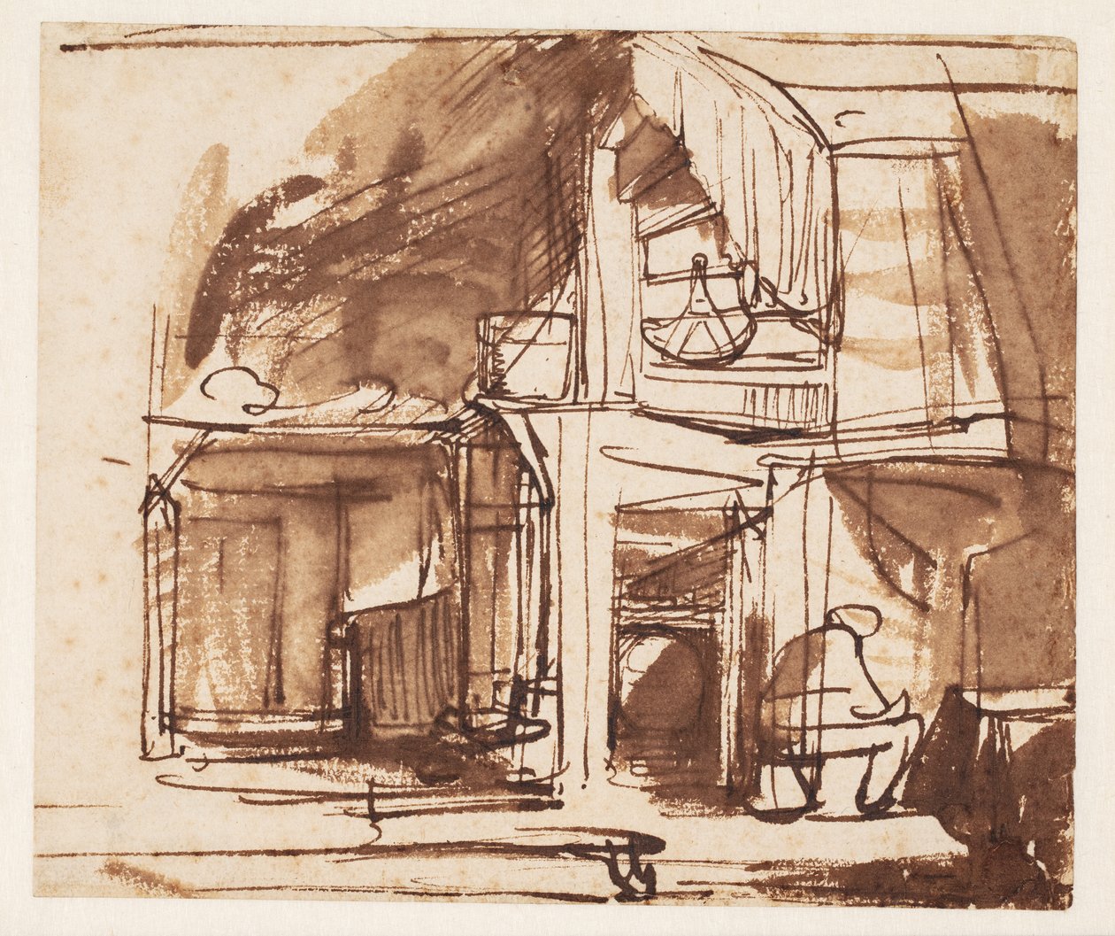 Interiör med en vindlande trappa och en sittande man av Rembrandt van Rijn
