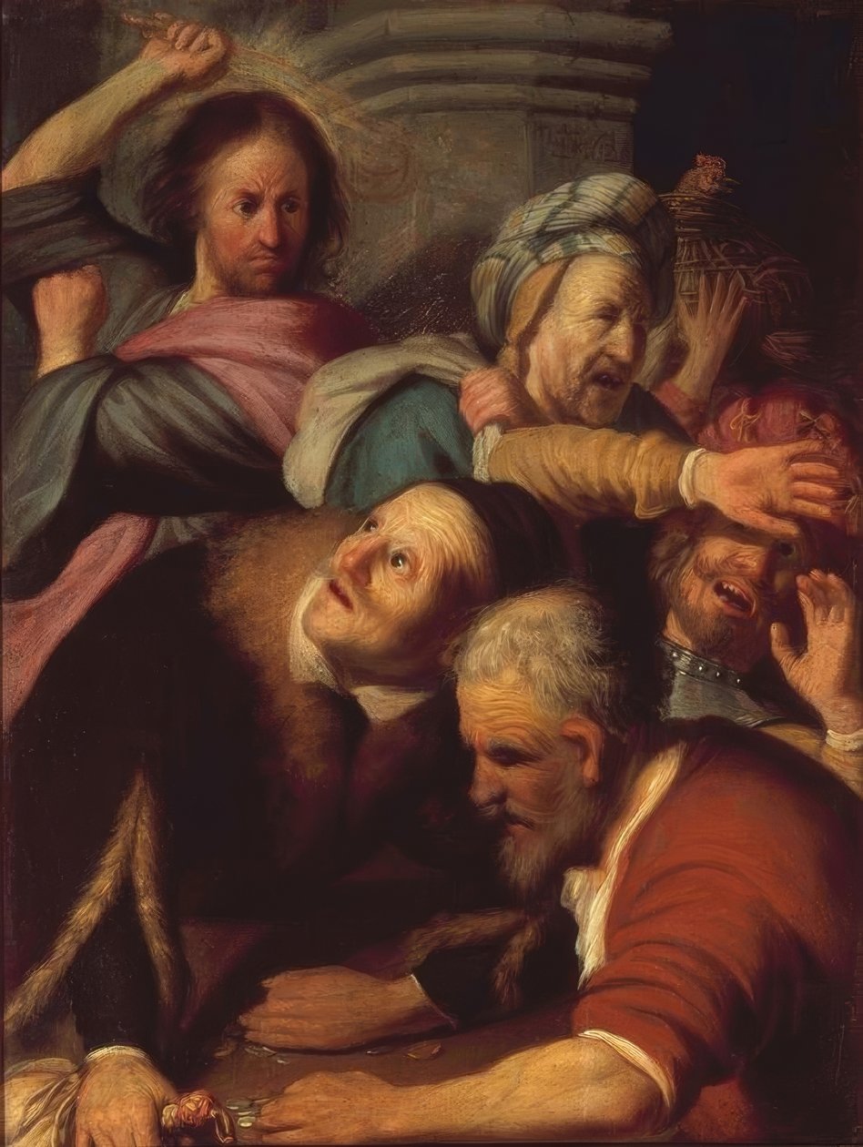 Jesus driver ut bytarna ur templet av Rembrandt van Rijn