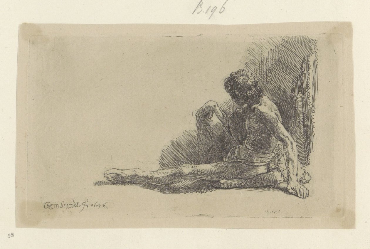 Ung man sitter på golvet med ett ben utsträckt Recueil de quatre-vingt-cinq estampes originales (serietitel) av Rembrandt van Rijn