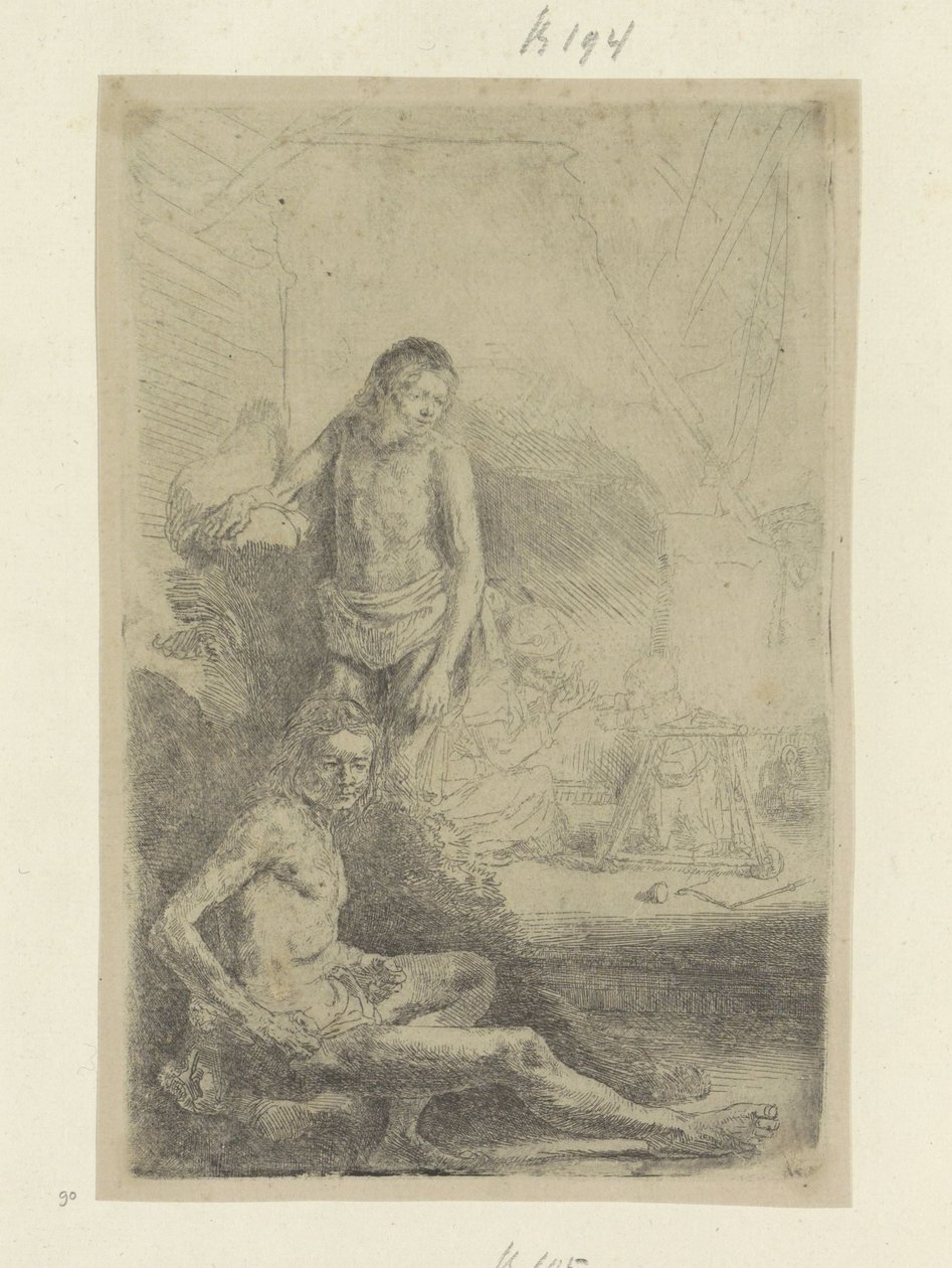 Ung man sitter och står Recueil de quatre-vingt-cinq estampes originales (serietitel) av Rembrandt van Rijn