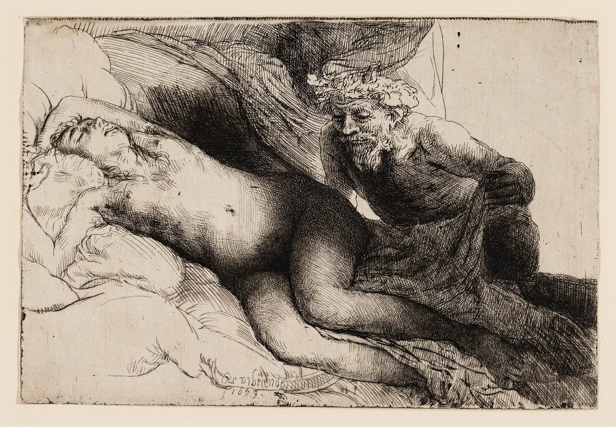 Jupiter och Antiope: Den större plattan av Rembrandt van Rijn