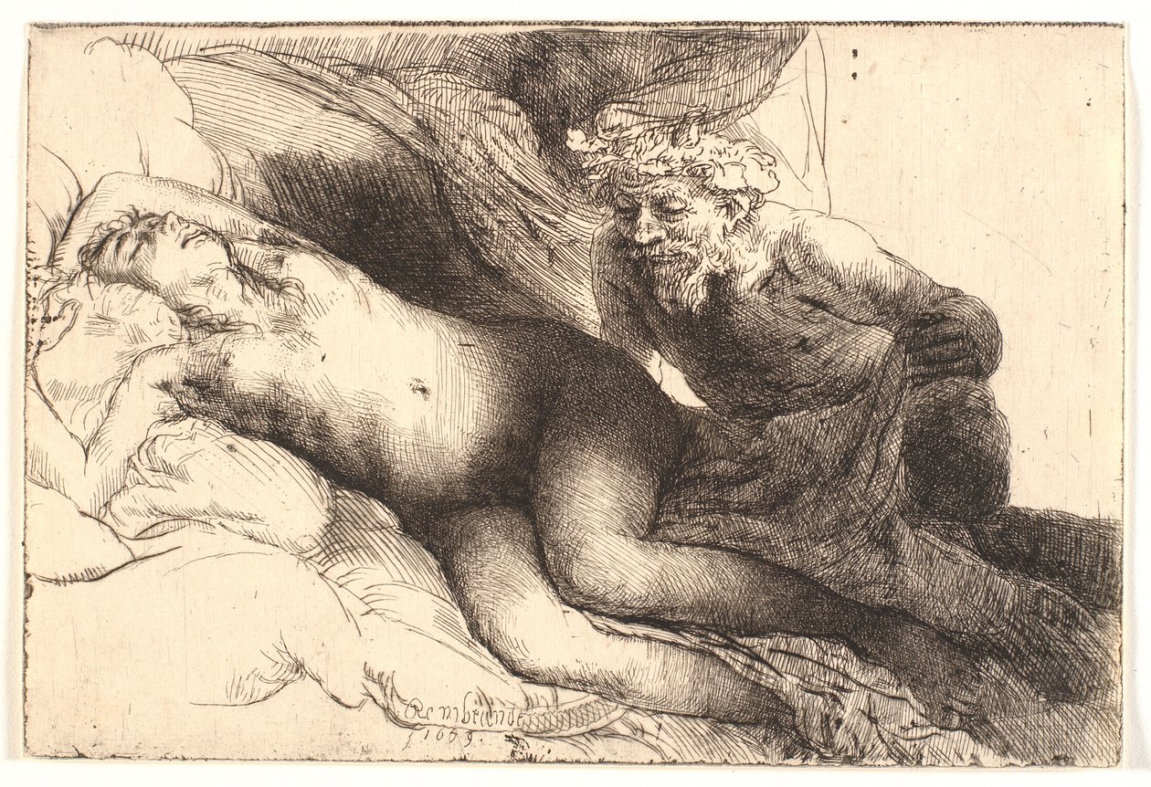 Jupiter och Antiope: den större plattan av Rembrandt van Rijn