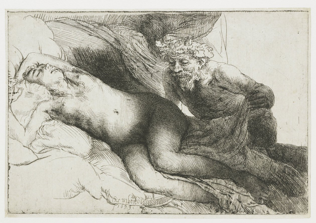 Jupiter och Antiope: den större plattan av Rembrandt van Rijn