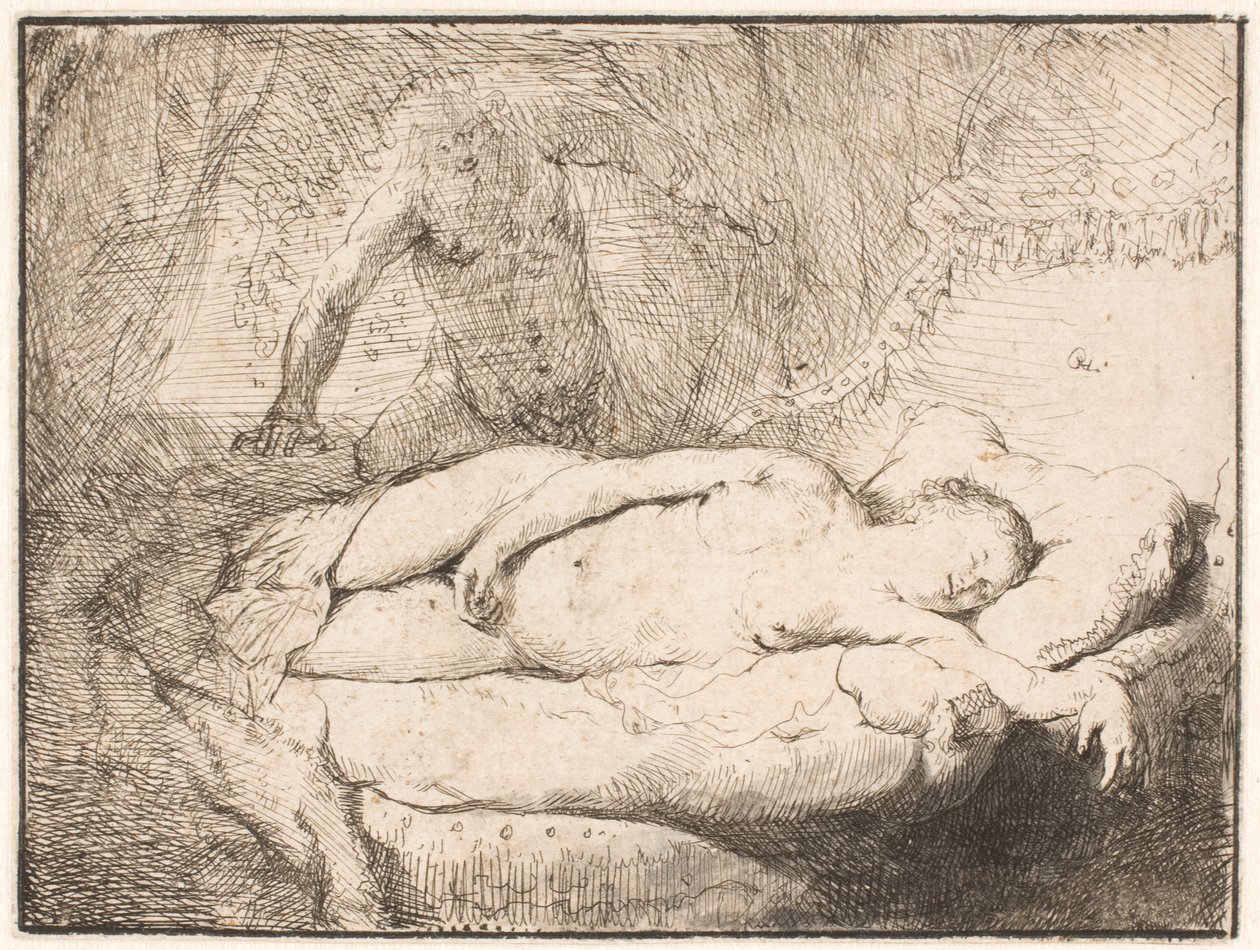 Jupiter och Antiope: den mindre bilden av Rembrandt van Rijn