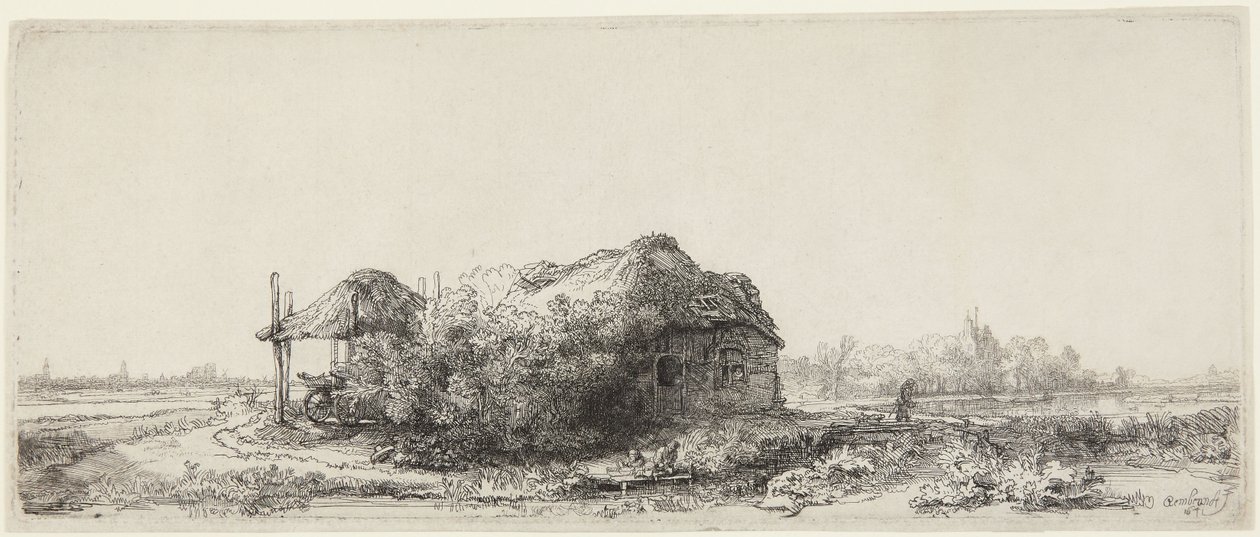 Landskap med stugor och en höskulle av Rembrandt van Rijn