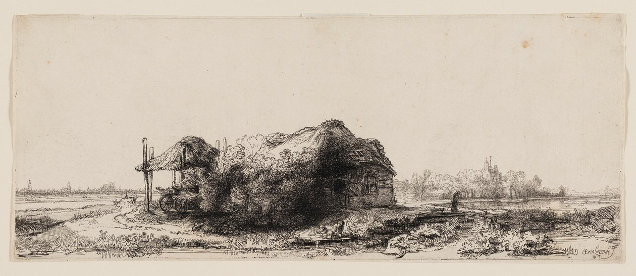 Landskap med stugor och en hölada: avlångt av Rembrandt van Rijn