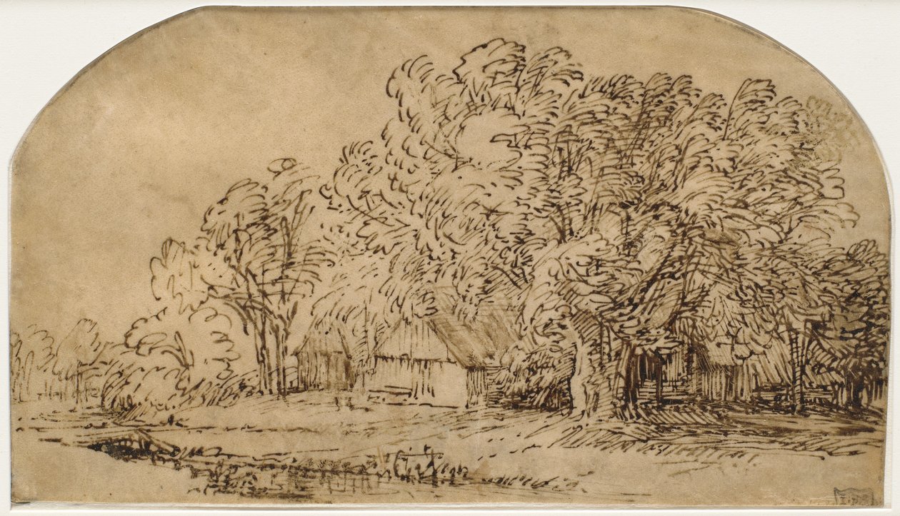 Landskap med stugor under höga träd ("The Puff of Wind") av Rembrandt van Rijn