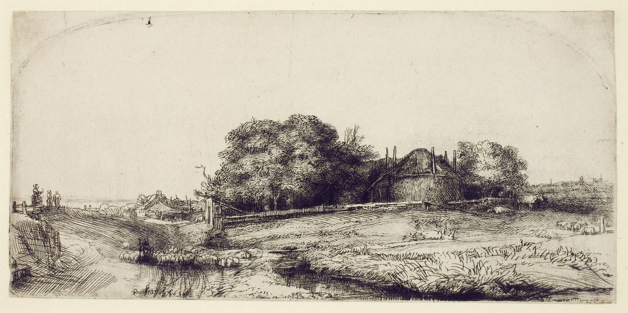Landskap med Haybarn and a Flock of Sheep, ca 1652 (etsning och torrnål på papper) av Rembrandt van Rijn