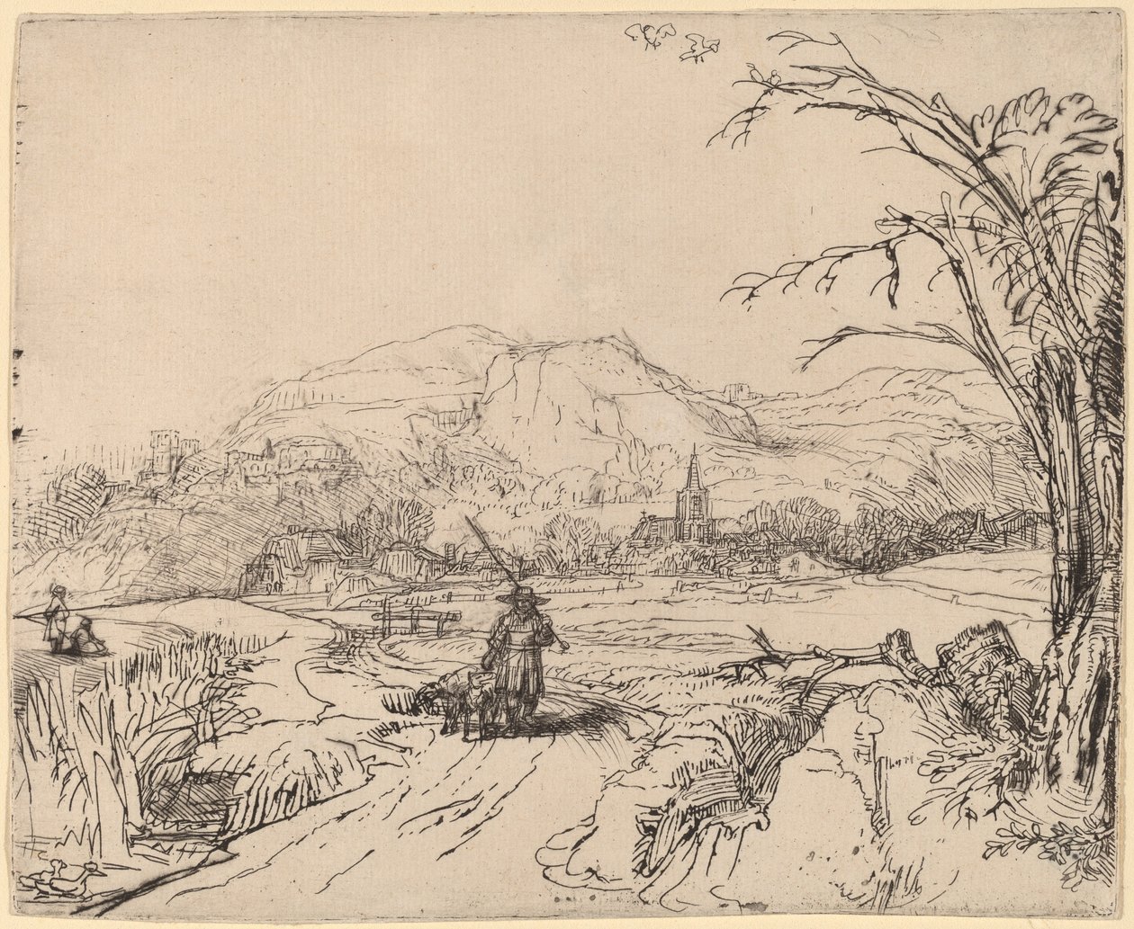 Landskap med idrottsman och hund av Rembrandt van Rijn