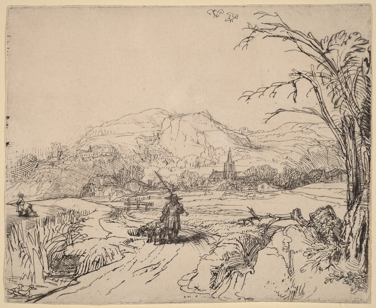 Landskap med jägare och hund av Rembrandt van Rijn