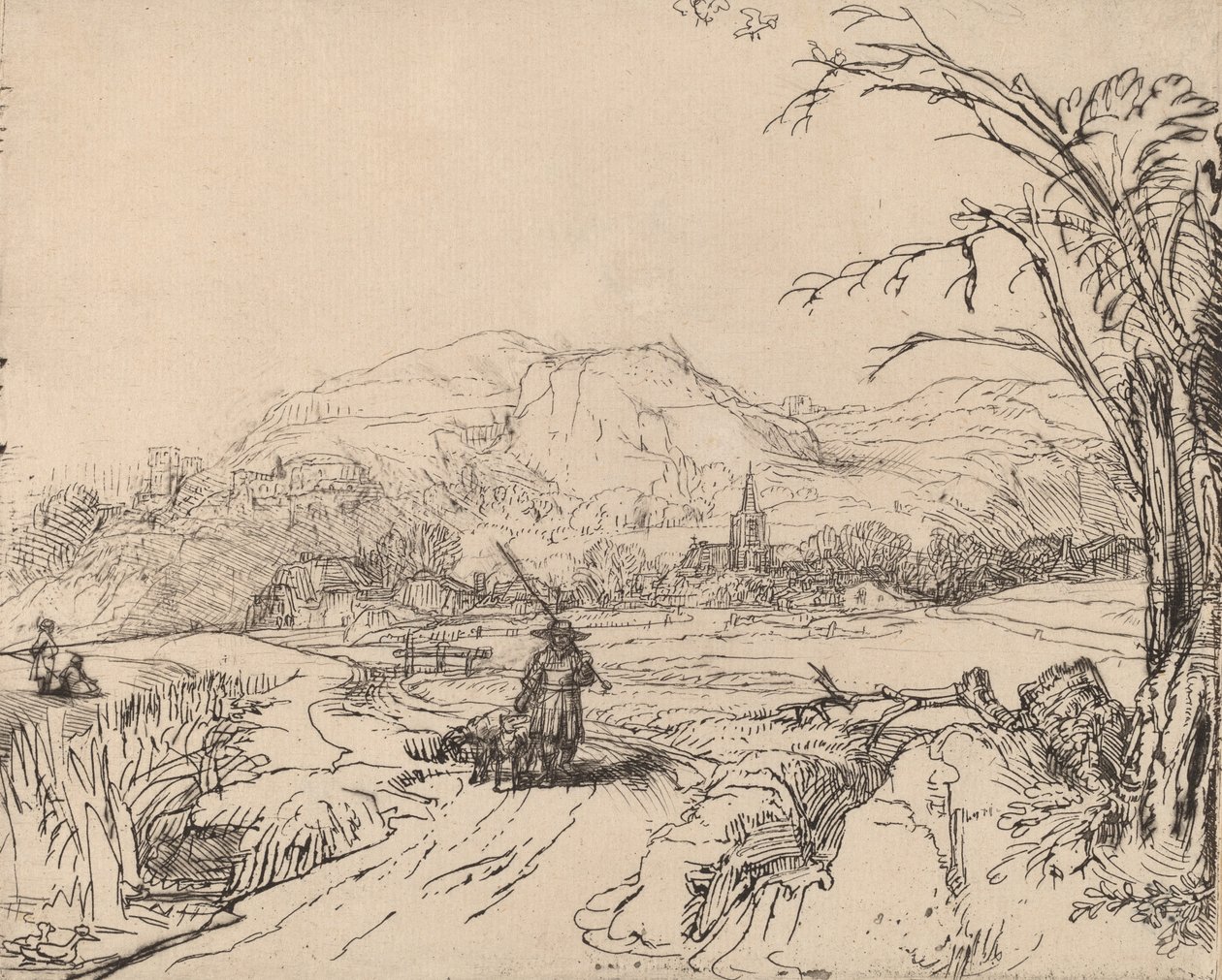 Landskap med idrottsman och hund, ca. 1653. av Rembrandt van Rijn