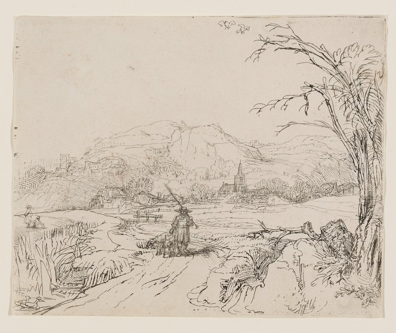 Landskap med jägare och hundar av Rembrandt van Rijn