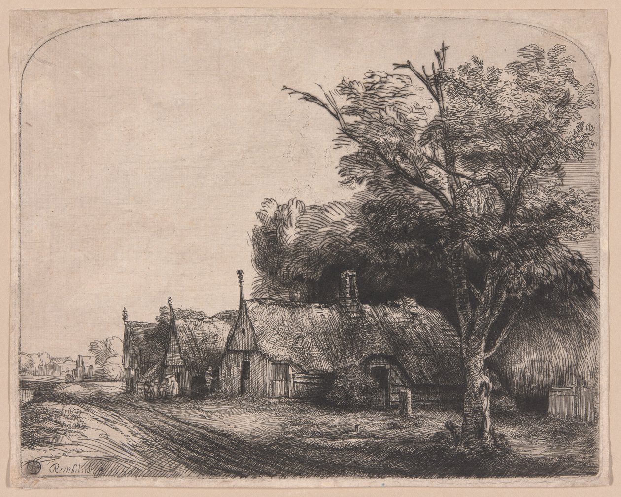 Landskap med tre gavelstugor bredvid en väg av Rembrandt van Rijn