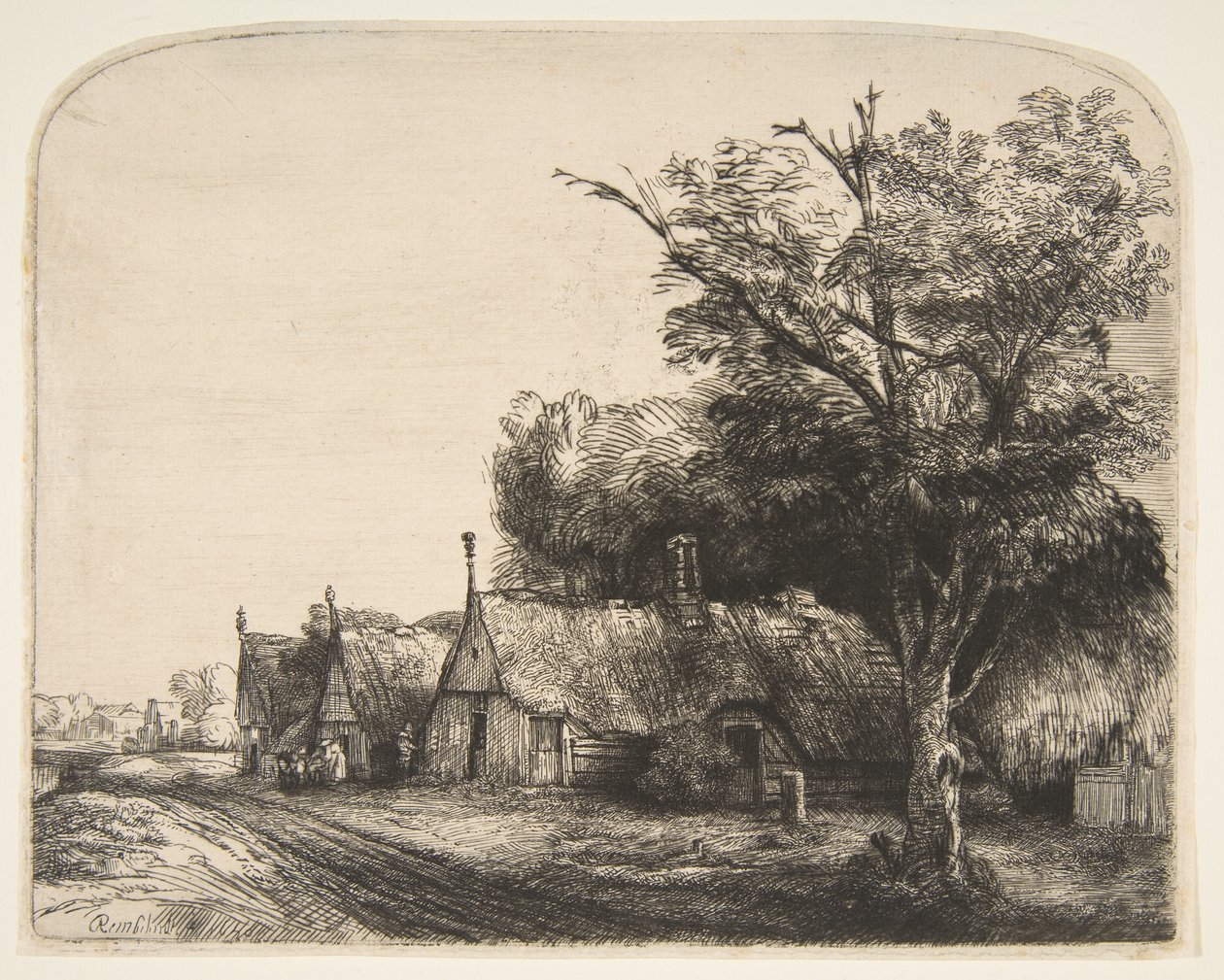 Landskap med tre gavelstugor bredvid en väg, 1650. av Rembrandt van Rijn