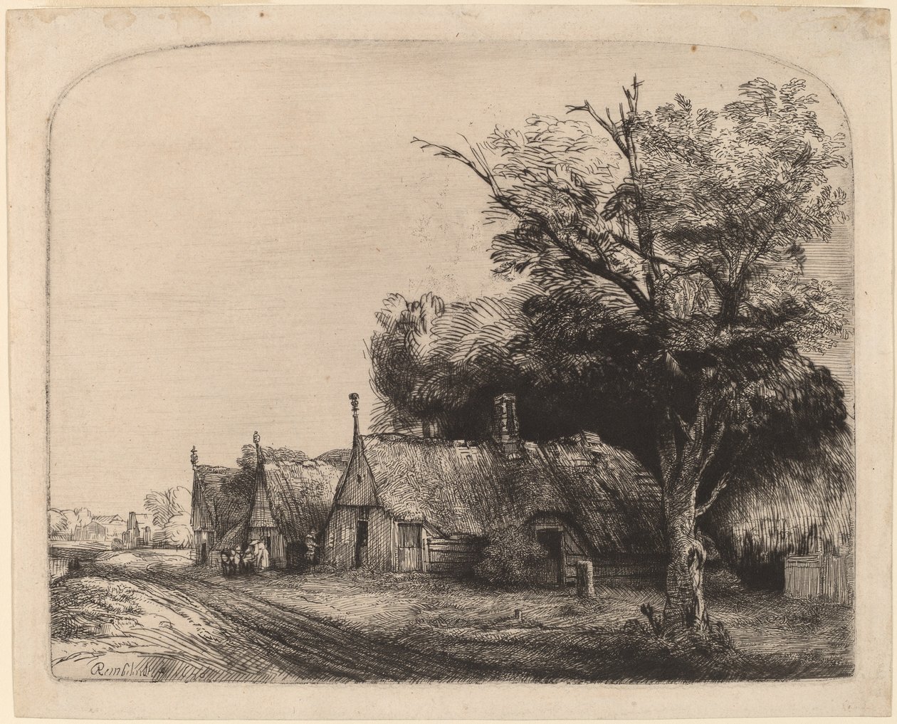 Landskap med tre gavelstugor bredvid en väg av Rembrandt van Rijn