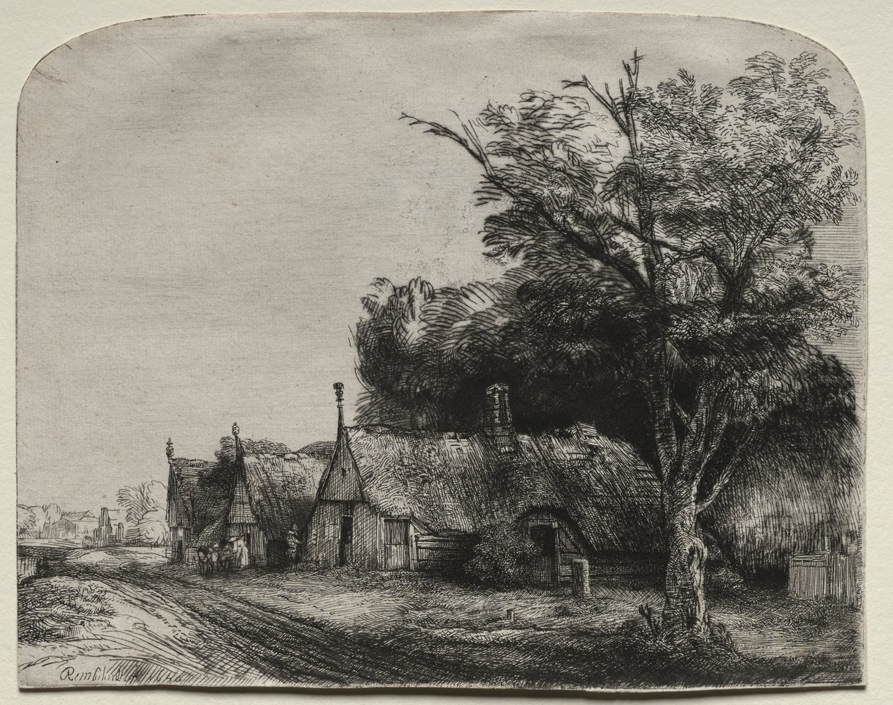 Landskap med tre gavelstugor bredvid en väg av Rembrandt van Rijn