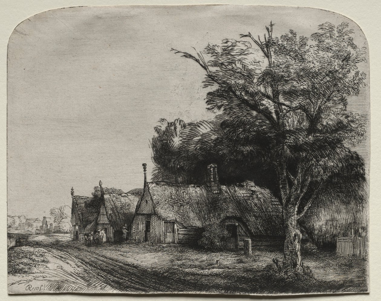 Landskap med tre gavelstugor bredvid en väg, 1650. av Rembrandt van Rijn