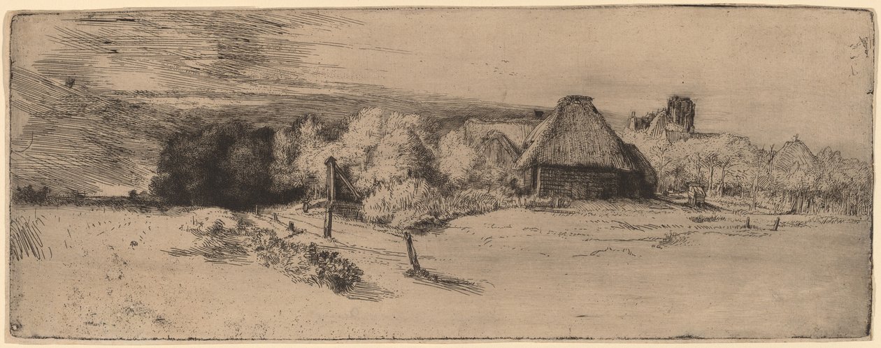 Landskap med träd, gårdsbyggnader och ett torn av Rembrandt van Rijn