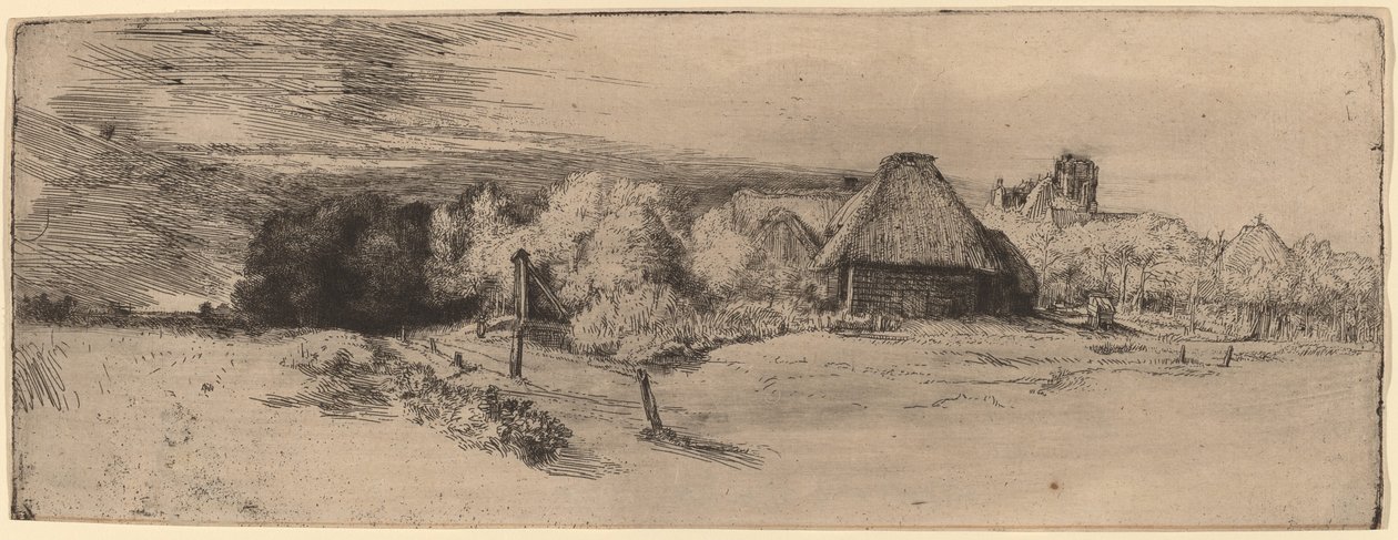 Landskap med träd, gårdsbyggnader och ett torn av Rembrandt van Rijn