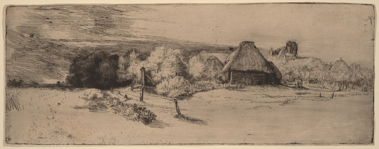 Landskap med träd, lantbruksbyggnader och ett torn av Rembrandt van Rijn