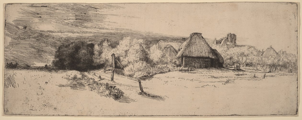 Landskap med träd, lantbruksbyggnader och ett torn av Rembrandt van Rijn
