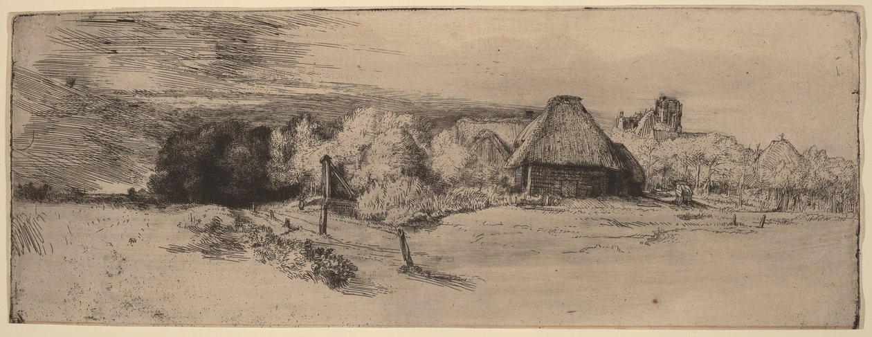 Landskap med träd, lantbruksbyggnader och ett torn av Rembrandt van Rijn