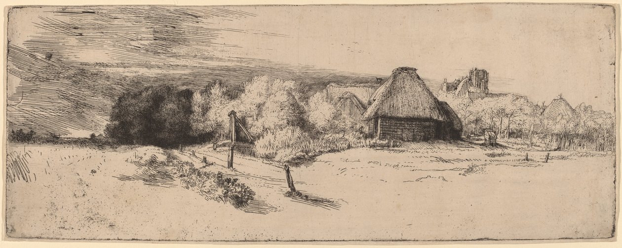 Landskap med träd, gårdsbyggnader och ett torn, ca. 1651. av Rembrandt van Rijn