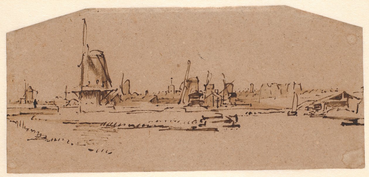 Landskap med väderkvarnar på en kanal väster om Amsterdam av Rembrandt van Rijn
