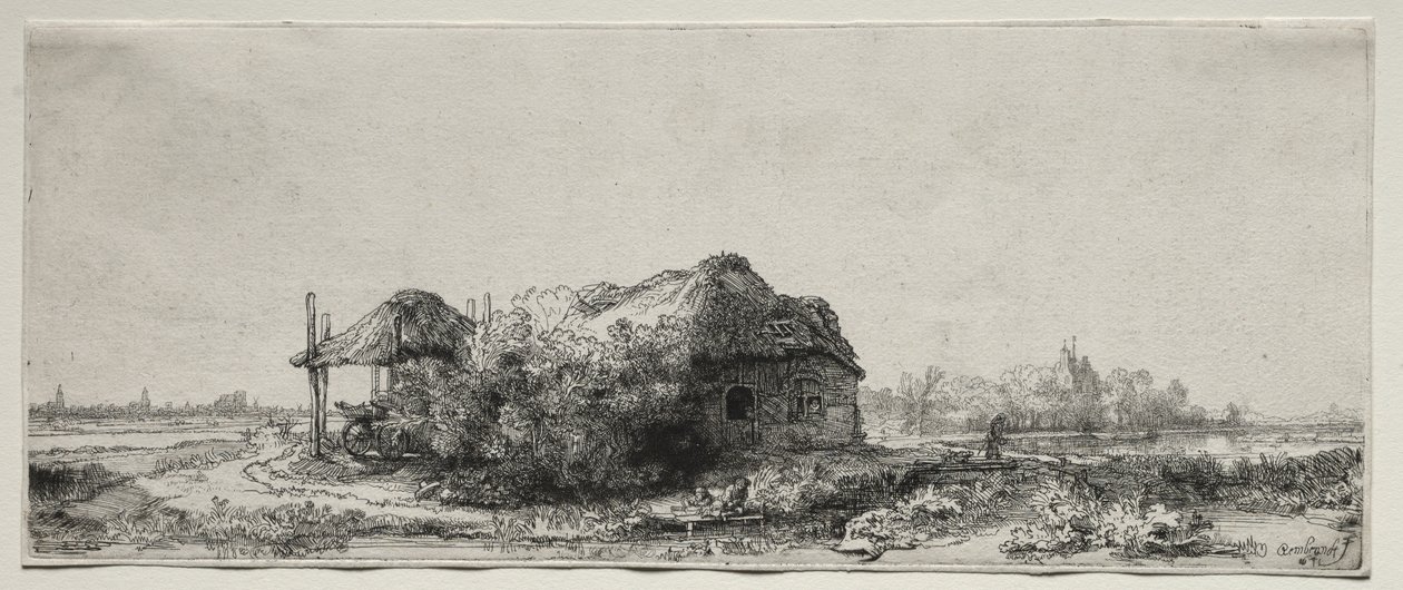 Landskap med stuga och hölada: avlångt av Rembrandt van Rijn