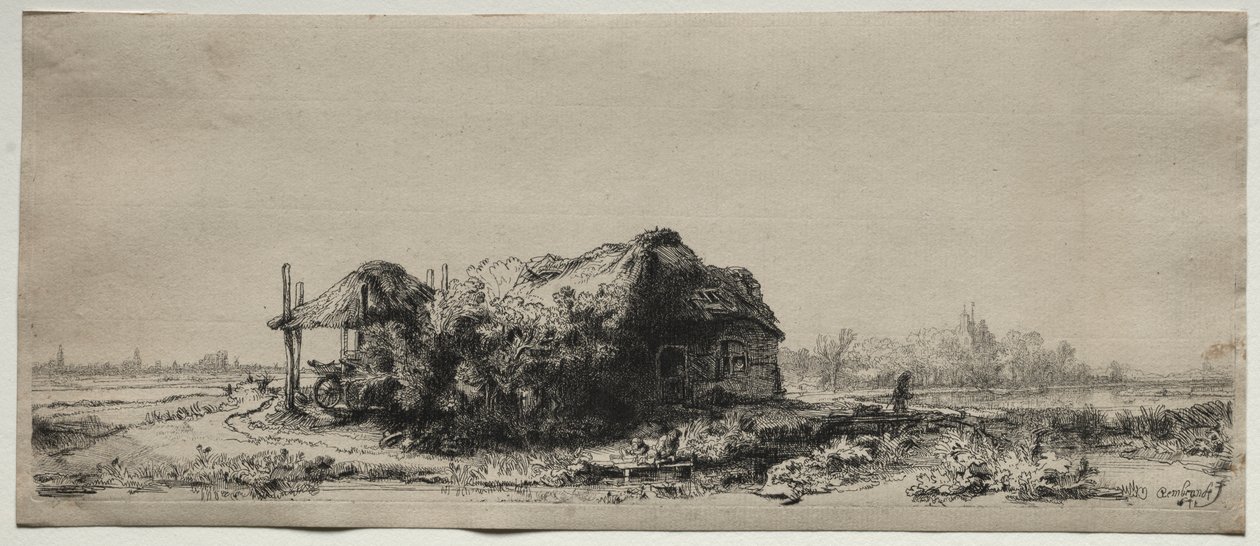 Landskap med stuga och hölada: avlångt av Rembrandt van Rijn