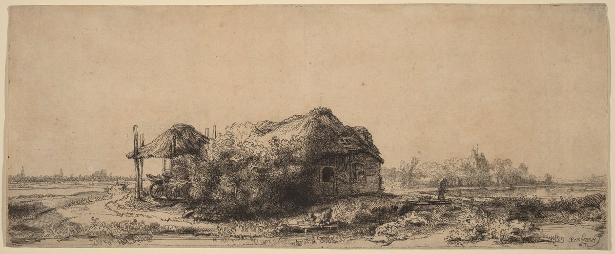 Landskap med en stuga och en höskulle: Avlång av Rembrandt van Rijn